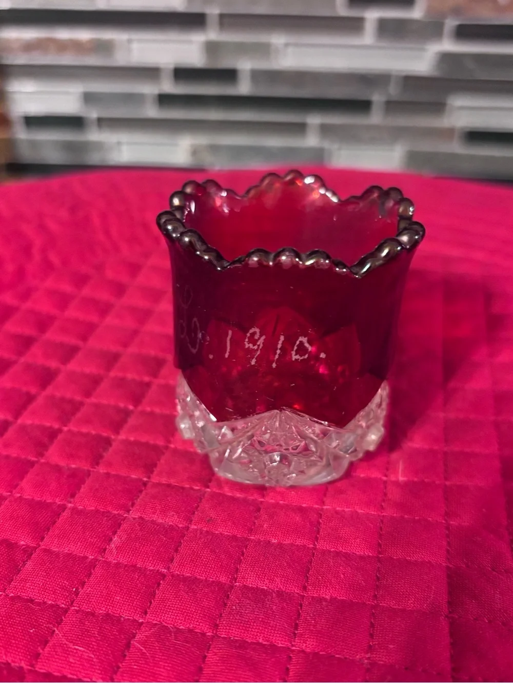 Antique 1910 Ruby Red Glass Toothpick Holder/Shot Glass with Clear Cut Base